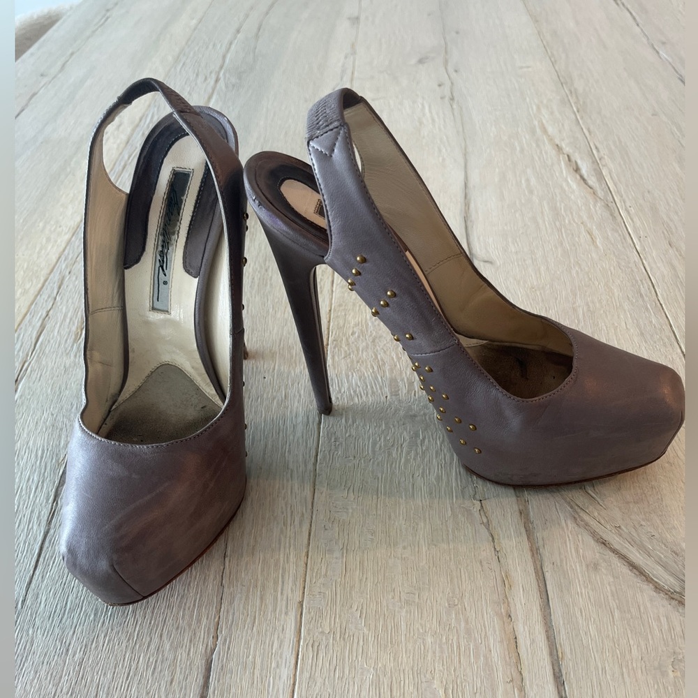 Brian Atwood Taupe Studded Platform Shoes Heels 7